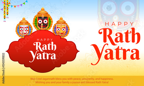 Lord Jagannath, Balabhadra and Subhadra on annual Ratha Yatra in Odisha festival background