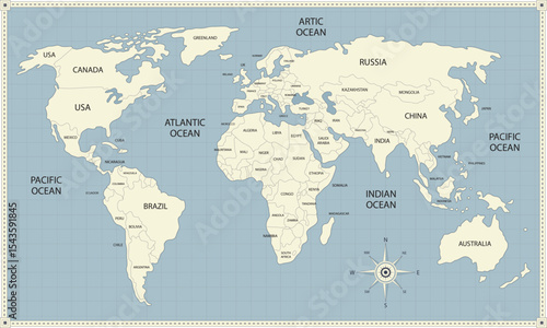 Vintage Style World Map Vector with Labeled Countries and Oceans for PowerPoint Presentations. EPS.