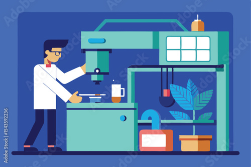 3D printer printing a plastic model  person supervising machine in modern lab vector design