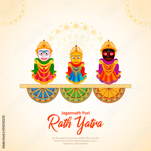Lord Jagannath, Balabhadra and Subhadra on annual Ratha Yatra in Odisha festival background