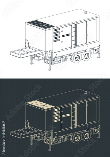 Diesel generator trailer isometric drawings stylized illustrations