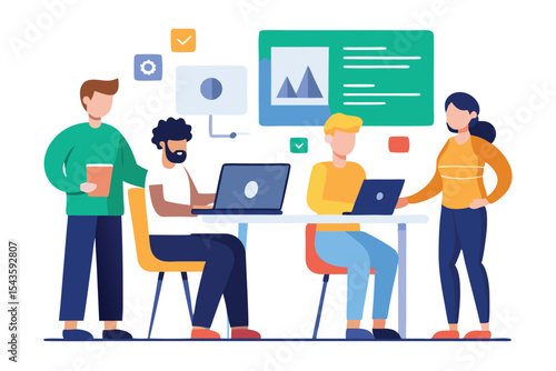 software developers creating app UI on whiteboard and laptops teamwork in flat office vector