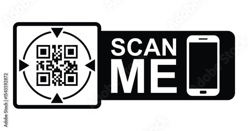 Minimalist black & white graphic: QR code in upper left with focus frame. Large white "SCAN ME" text below/to right. Stylized white smartphone icon lower right.