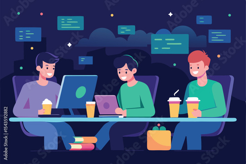  young developers coding at night event computers and snacks on table hackathon vector style