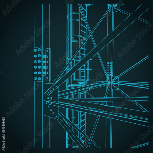 Self-supporting tower support close-up isometric blueprint