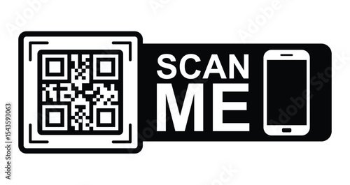 Minimalist black & white graphic: QR code in upper left with focus frame. Large white "SCAN ME" text below/to right. Stylized white smartphone icon lower right.