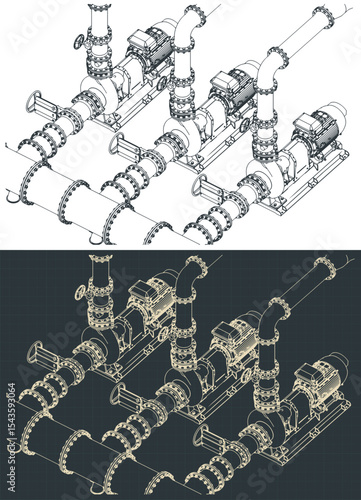 Water pumping station isometric blueprints illustrations