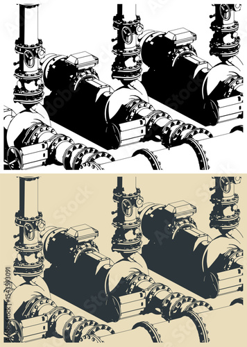 Water pumping station system close-up illustrations