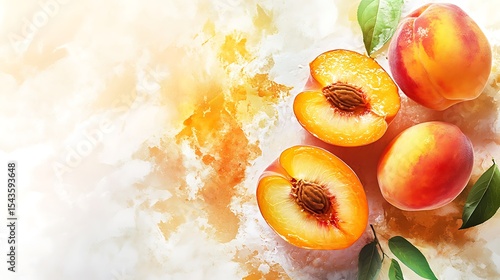 Peach fresh juice with fresh peaches on a white background