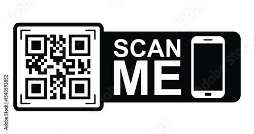 Minimalist black & white graphic: QR code in upper left with focus frame. Large white "SCAN ME" text below/to right. Stylized white smartphone icon lower right.