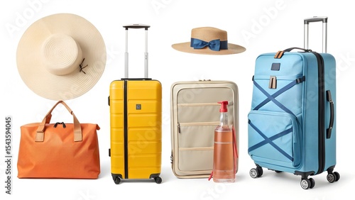 Travel accessories illustration: straw hat, suitcase, tote bag, backpack, water bottle