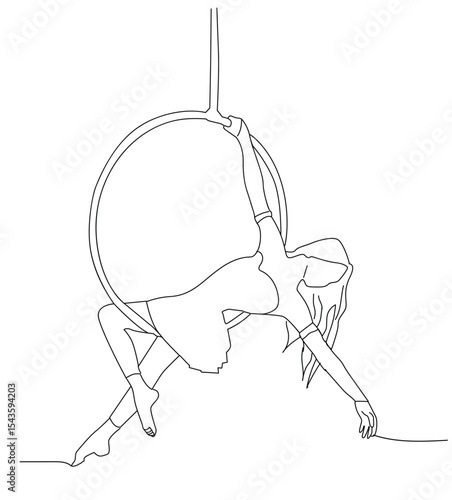Aerial female gymnast  in hoop. Pole dancer continuous line drawing