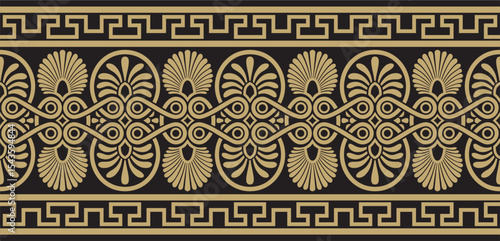 Vector gold and black classic seamless european national ornament. Ethnic pattern of the Romanesque peoples. Border, frame of ancient greece, roman empire.