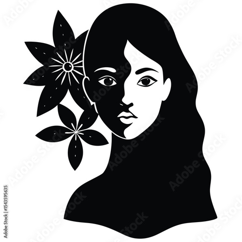 Elegant Monochrome Portrait of a Woman with Flowers