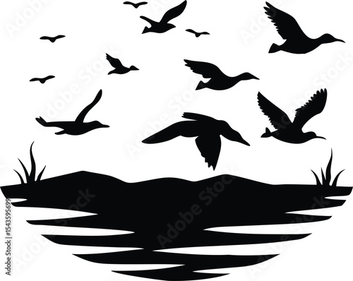 Silhouette of Ducks Flying Over Water, Isolated on White Background. Illustration of waterfowl migration in minimalist style with reeds near pond or lake.