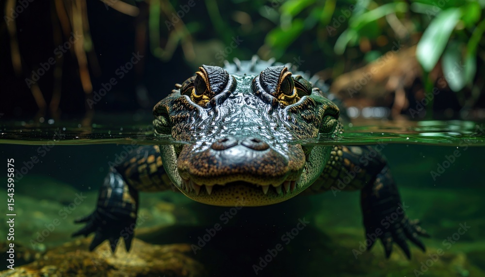 Fototapeta premium Submerged Alligator Gaze: Intense stare of an aquatic reptile peeking from the water in a wild, natural habitat.