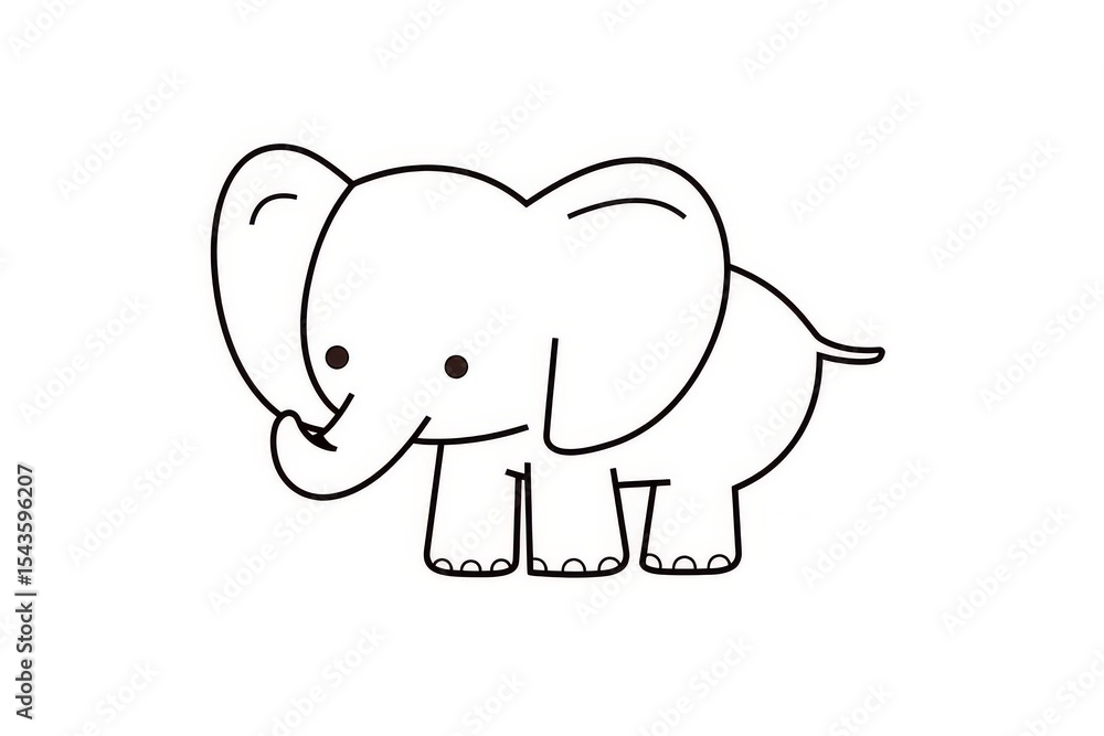 Fototapeta premium Cute baby elephant simple line drawing with bold black outline, minimalist vector illustration for children’s coloring book page.