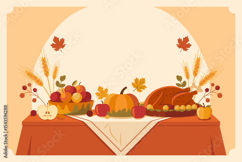 Thanksgiving festive table with roasted turkey, vector illustration with copy space