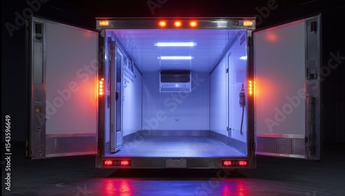 Open back of a refrigerated trailer illuminated by blue and red lights
