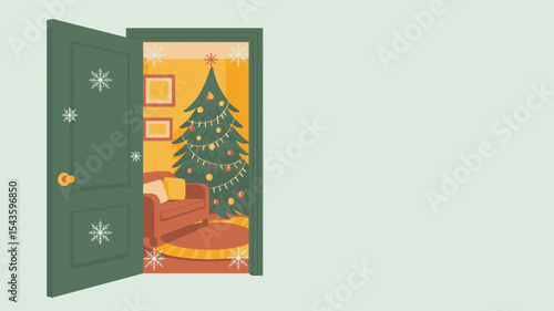 Festive New Year tree visible through ajar door on light green background, vector with copy space