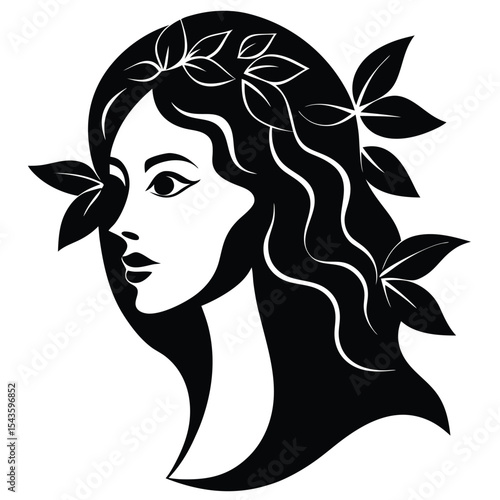 Elegant Woman with Floral Headpiece Black and White Illustration