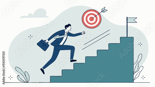 Businessman runs up flight of stairs towards target, symbolizing ambition and success