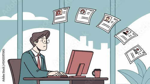 Businessman sits at his desk reviewing several resumes with focused expression