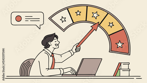 Businessman evaluates performance with satisfaction meter, expressing positivity and engagement