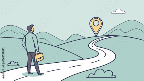 Businessman stands at beginning of winding road, contemplating his journey ahead
