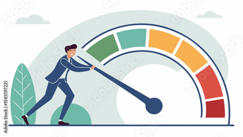 Businessman is pushing large gauge needle to indicate progress and success