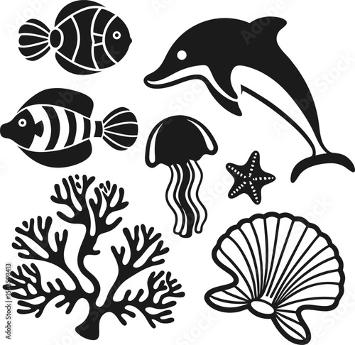 Marine life silhouette collection of fish dolphin jellyfish starfish coral and seashell