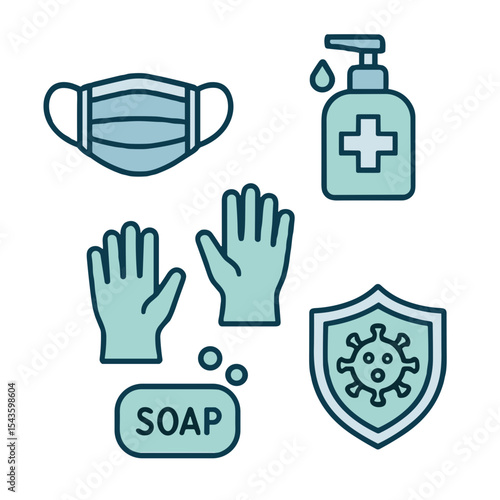 Hygiene protection icons in blue line style