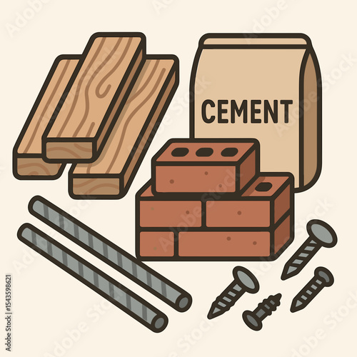 Construction materials illustration with wood and cement
