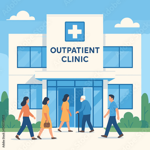 People entering outpatient clinic on sunny day