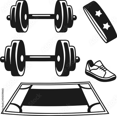 Black and white fitness vector art set featuring dumbbells and workout accessories