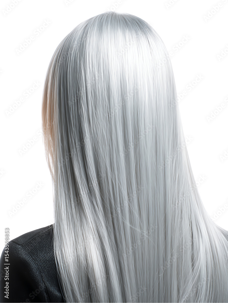 Naklejka premium Icy tone hairstyle design, Mid-length straight silver gray hair with clean shine, mid-length straight silver gray hair with icy soft sheen, mid-length straight silver gray hair in fashion hair visual.
