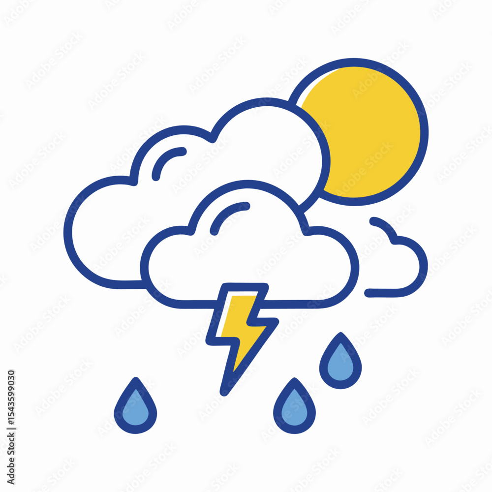 Obraz premium Weather forecast icon with sun clouds lightning and rain drops illustration