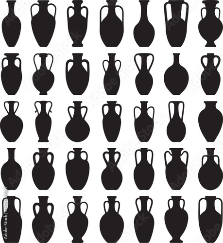 Collection of black silhouette amphorae illustrating different shapes and ancient pottery designs