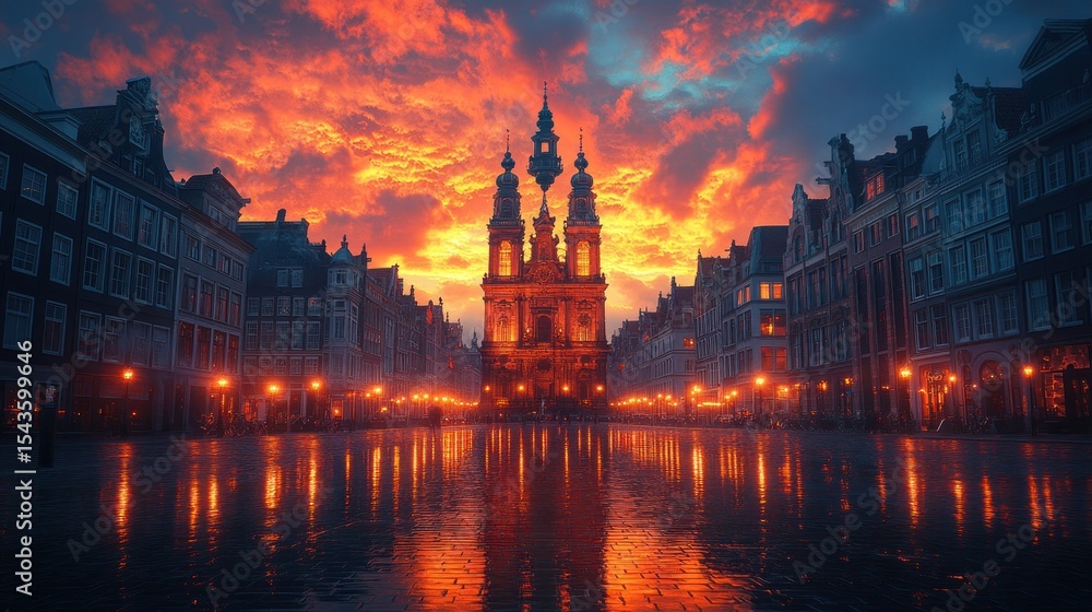 Fototapeta premium Dramatic sunset over historical European city square