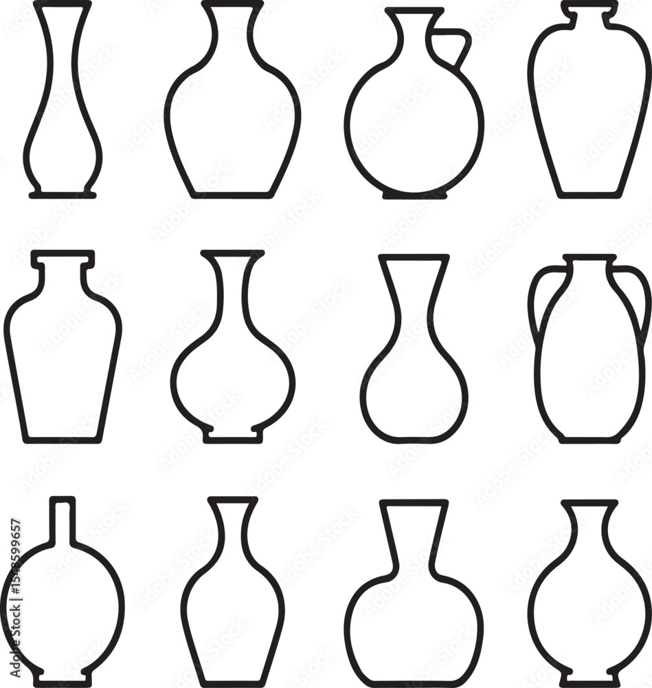 Collection of simple black and white illustrations of various vase and vessel outlines Collection of simple black and white illustrations of various vase and vessel outlines