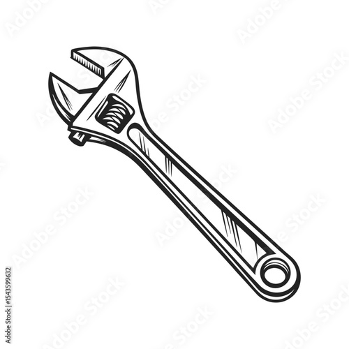 Adjustable wrench illustration in black and white outlines for technical design projects