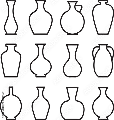 Collection of simple black and white illustrations of various vase and vessel outlines