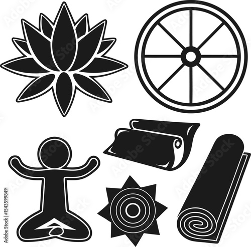 Yoga and meditation related symbol collection in black and white silhouette