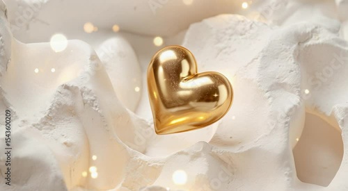 Elegant golden heart floating above textured white background with sparkling lights
