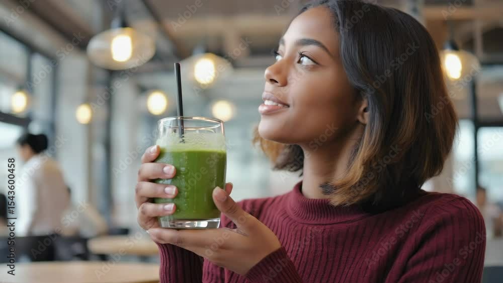 Young woman enjoying green smoothie while sitting in cafe Young woman enjoying green smoothie while sitting in cafe