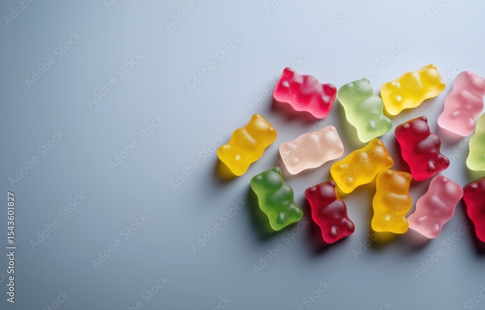 Colorful jelly bears scattered on a white background creating a playful and vibrant visual experience from above Colorful jelly bears scattered on a white background creating a playful and vibrant visual experience from above