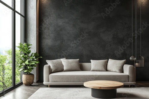 Modern living room with beige sofa, round wood coffee table, and indoor plant against dark textured wall, ideal for interior design showcases, home decor blogs, and furniture catalogs