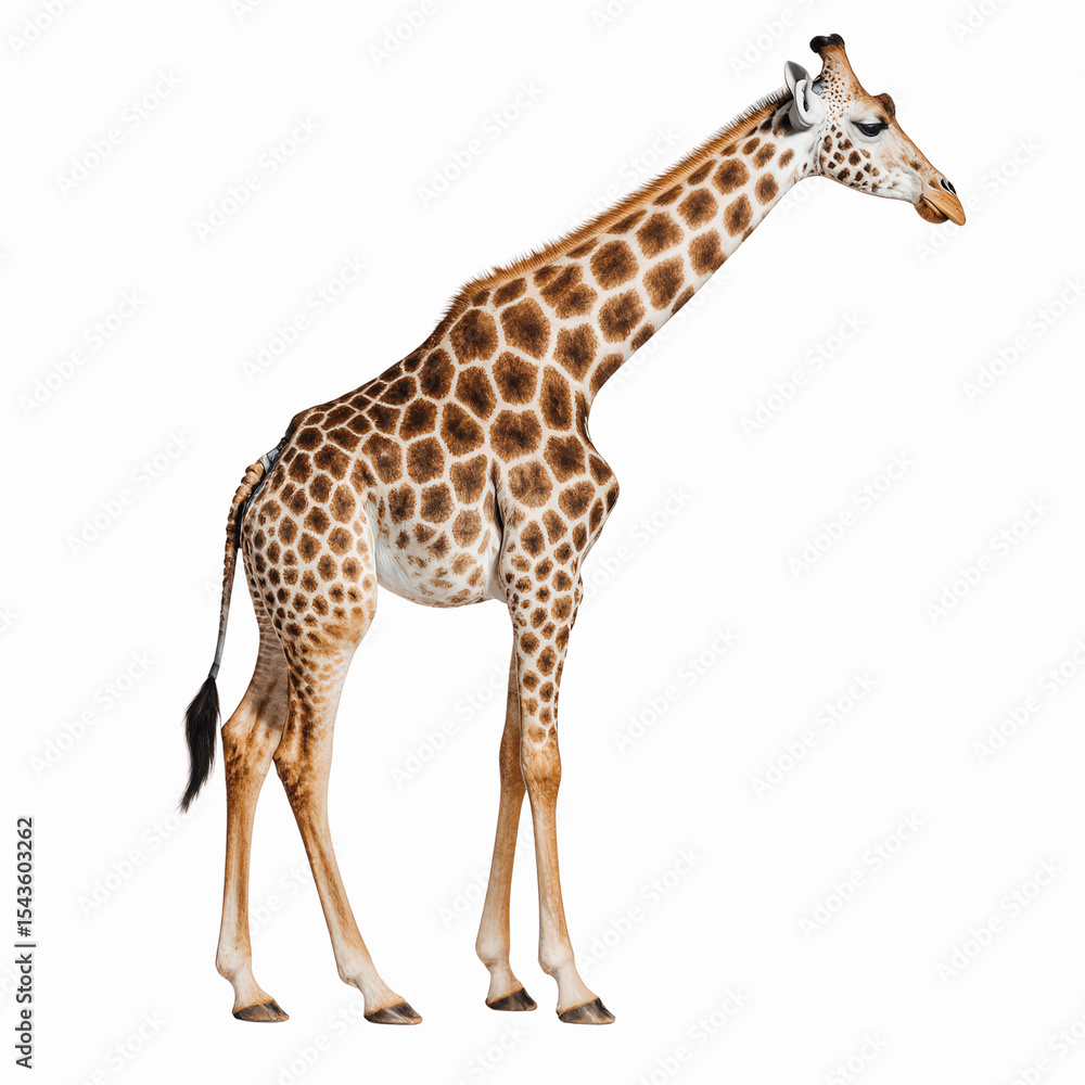 Naklejka premium Graceful Giraffe in Profile: A majestic giraffe, with its iconic spotted coat, stands tall in a studio shot. Its long neck and legs exemplify the beauty of nature.