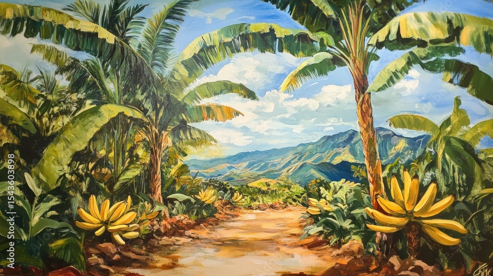 Fototapeta premium Tropical Banana Plantation Path, Lush Greenery and Distant Mountains