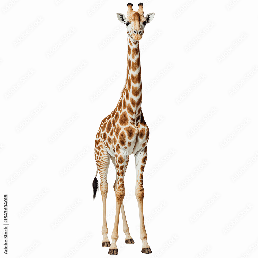 Obraz premium Majestic Giraffe Portrait: A tall giraffe stands proudly against a clean backdrop. The giraffe's unique spotted coat and long neck are showcased, capturing the grace of this iconic animal.